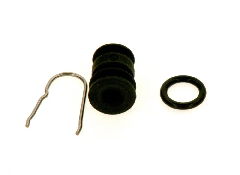 Schwarze Gummidichtung mit mehreren Rillen, einer kleinen Feder aus Metall und einem O-Ring, möglicherweise Teil eines Bosch-Systems.